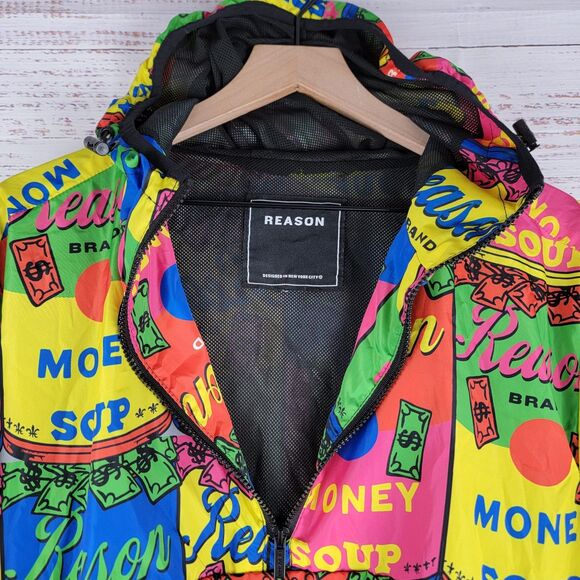 REASON Brand Anorak Jacket Men's L "Money Soup" AOP 1/4 Zip Lining Hood - Picture 6 of 10